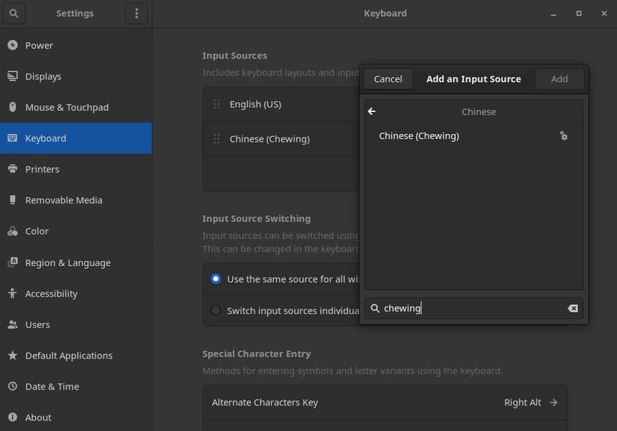Preview of Configure Chewing (Zhuyin) Input Method in GNOME for Arch Linux/Manjaro